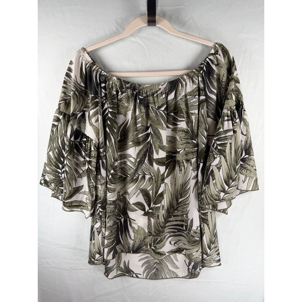 Tyche Womens Green Tropical Palm Print Off Shoulder Bell Sleeve Blouse Large USA
